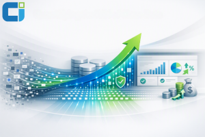Digital transformation graphic showing governed data flowing into analytics dashboards, compliance controls, and financial outcomes represented by an upward growth arrow.