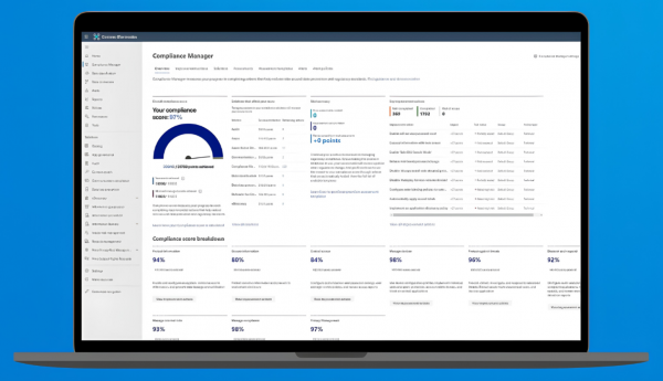 Microsoft Compliance Manager dashboard displaying a compliance score, control assessments, improvement actions, and compliance metrics used to track governance performance.