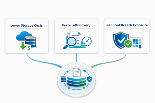 Diagram highlighting operational benefits of data lifecycle management, including lower storage costs, faster eDiscovery, and reduced security breach exposure.